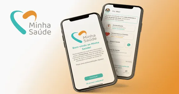 Dois smartphones exibindo a tela inicial e a interface do aplicativo "Minha Saúde" com opções de atendimento e acompanhamento de saúde, sobre um fundo com o logotipo do aplicativo.