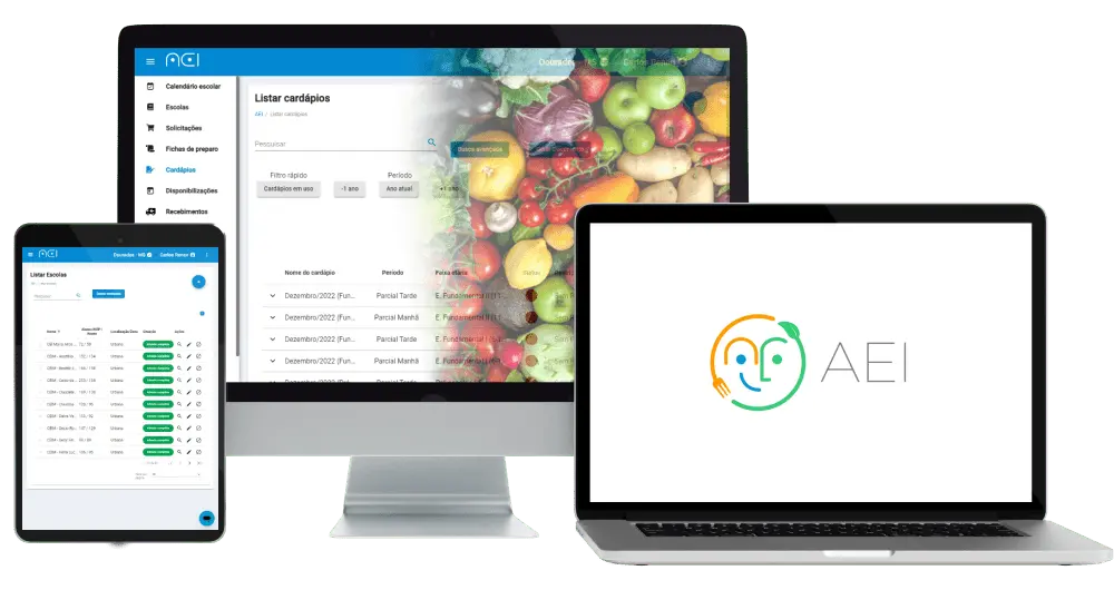 Imagem de três dispositivos exibindo diferentes telas do sistema AEI, Alimentação Escolar Inteligente: um tablet com status de escolas, um desktop com cardápios e um laptop com o logotipo da AEI.