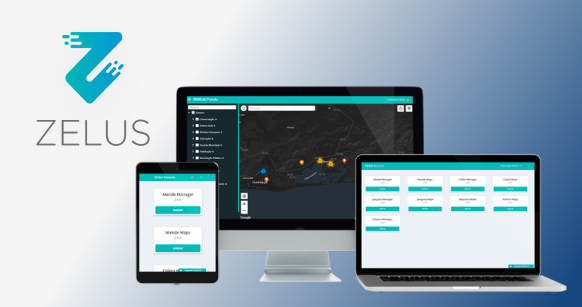 Dispositivos exibindo o software ZELUS para segurança e ordem pública: um tablet, um monitor de desktop e um laptop, com interfaces de usuário que incluem mapas e listagens de tarefas, diante de um fundo com o logotipo da ZELUS.