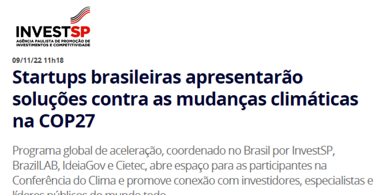 Startups brasileiras apresentarão soluções contra as mudanças climáticas na COP27